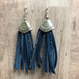 Ustinov leather earrings - navy and silver fringe